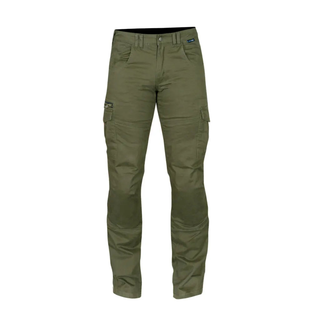 A pair of green Merlin Remy 2 D3O cargo jeans with multiple pockets and knee protectors.