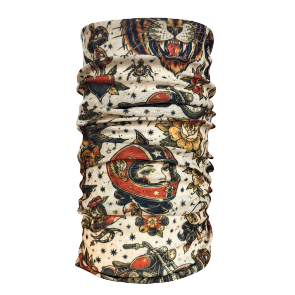 Motogirl Bikes N' Roses vintage traditional tattoo style Neck tube face covering wind resistant uv protection