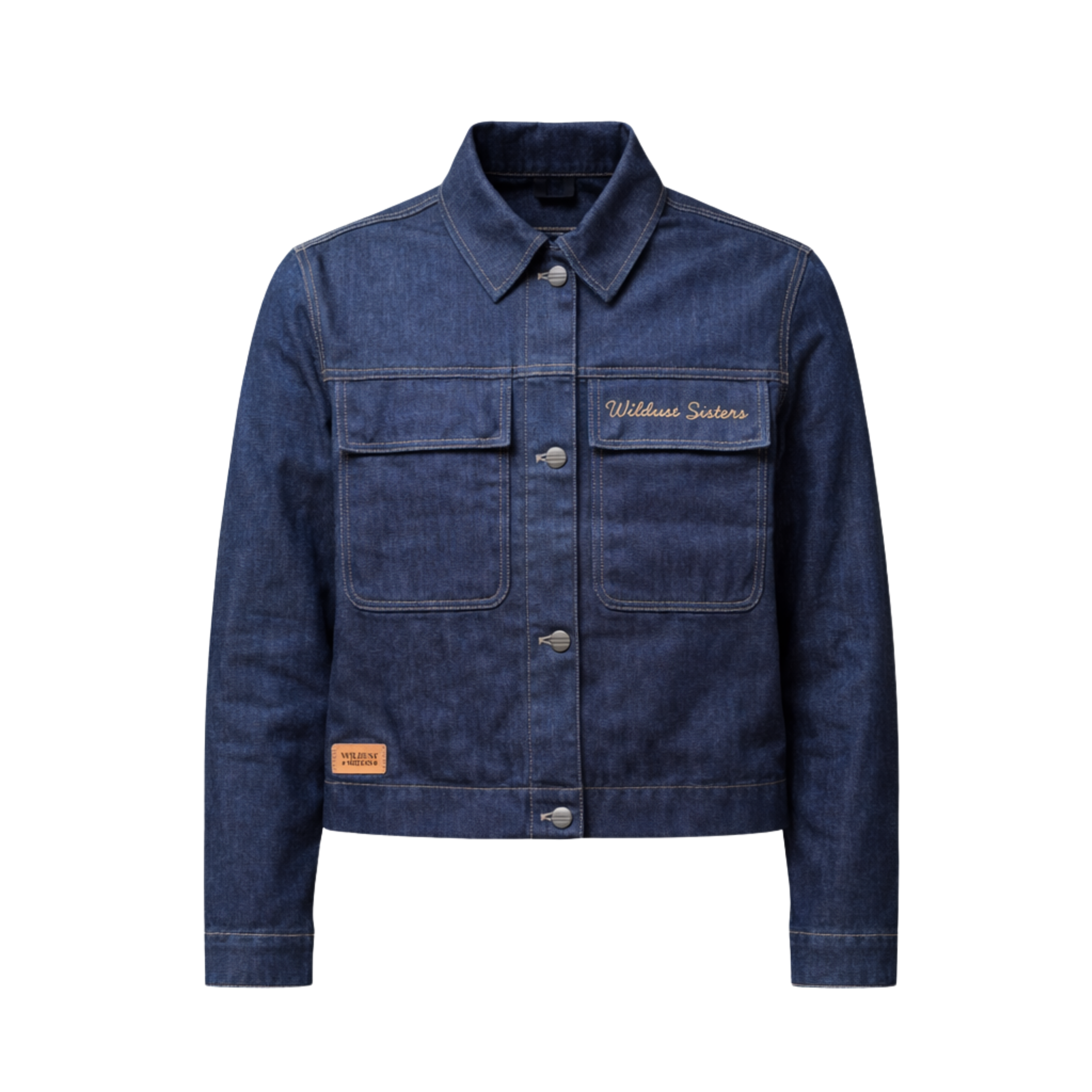 Blue denim jacket with 'Wildcat Sisters' embroidery . Protective ladies motorbike jacket.